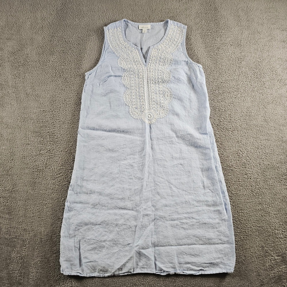 J. Jill Love Linen Blue Sleeveless Embroidered Beaded Shift Dress XS Coastal